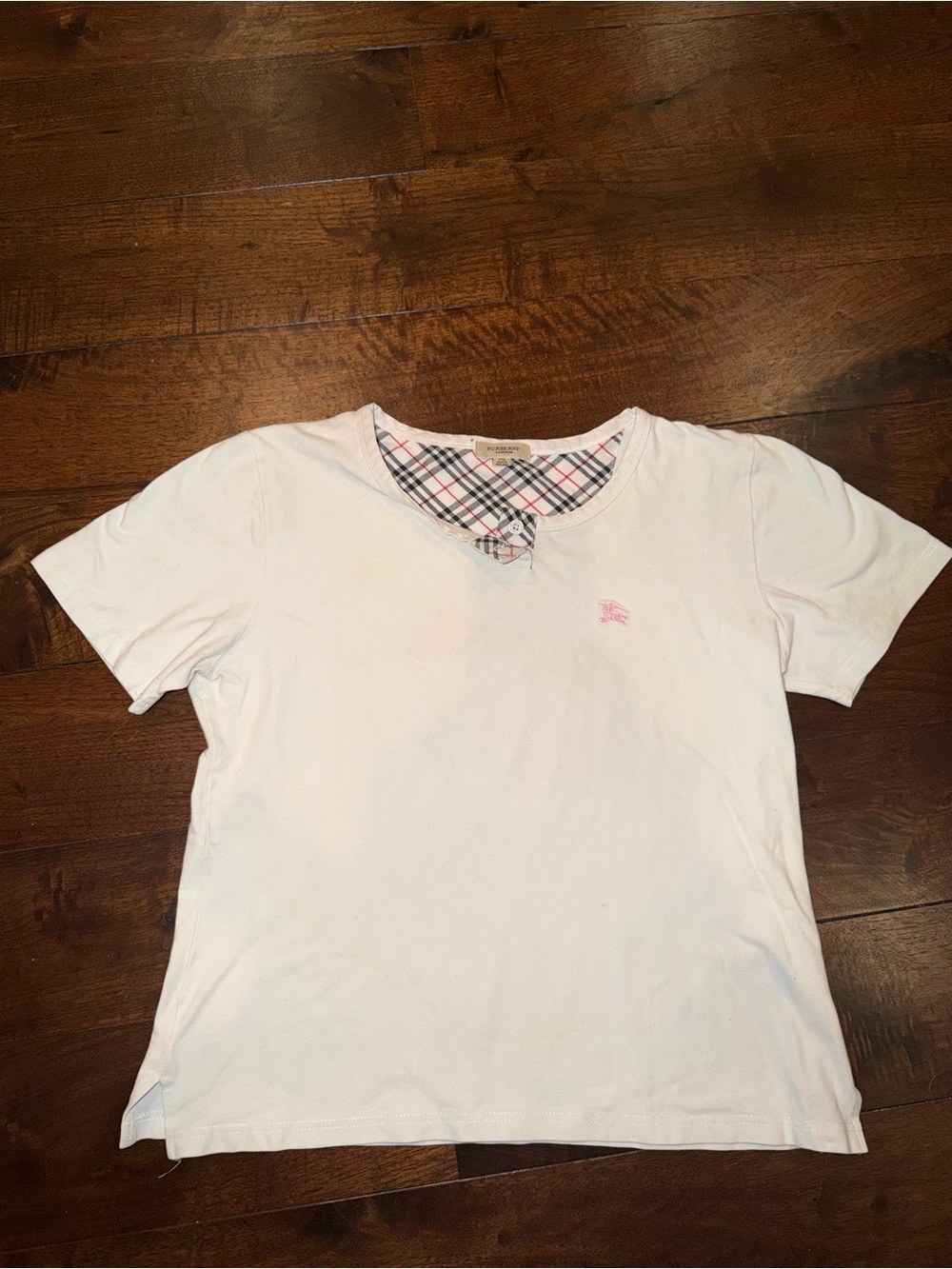 Burberry White Polo Shirt with Plaid Trim Button and Pink logo